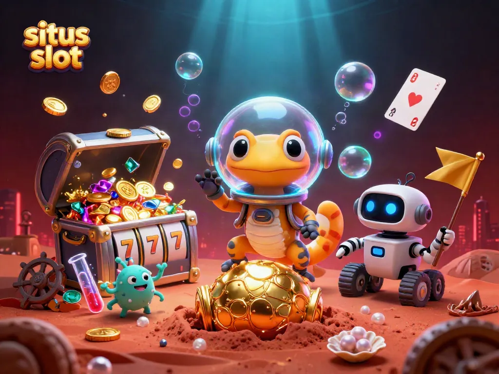 Engage with situs slot's thrilling experience through a joyful Martian adventure in a golden casino setting.