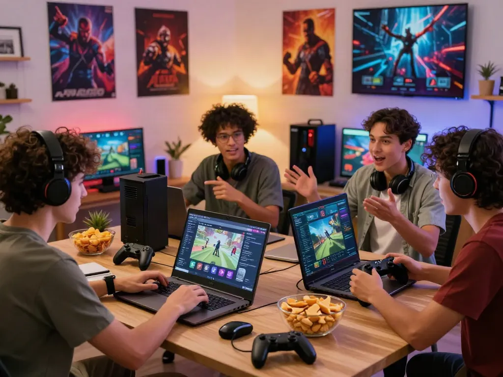 Kilat404 gaming experience with friends enjoying various games in a cozy home setting.
