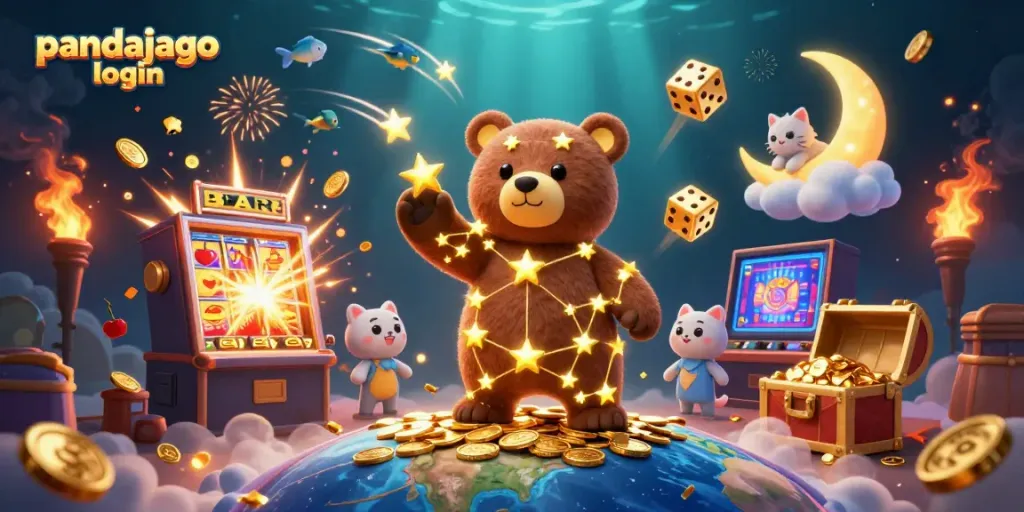 Pandajago login dalam ilustrasi 3D menampilkan bintang beruang yang mengumpulkan koin dari mesin slot yang meletus dengan simbol keberuntungan.