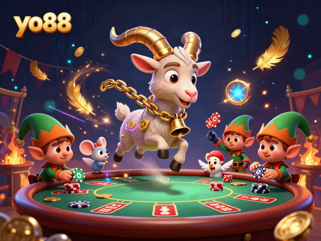 yo88 engages players with a festive 3D casino scene featuring lively characters and dynamic gaming elements.