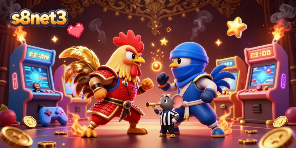 Join the s8net3 showdown with battling roosters and vibrant gambling elements in an epic 3D scene.