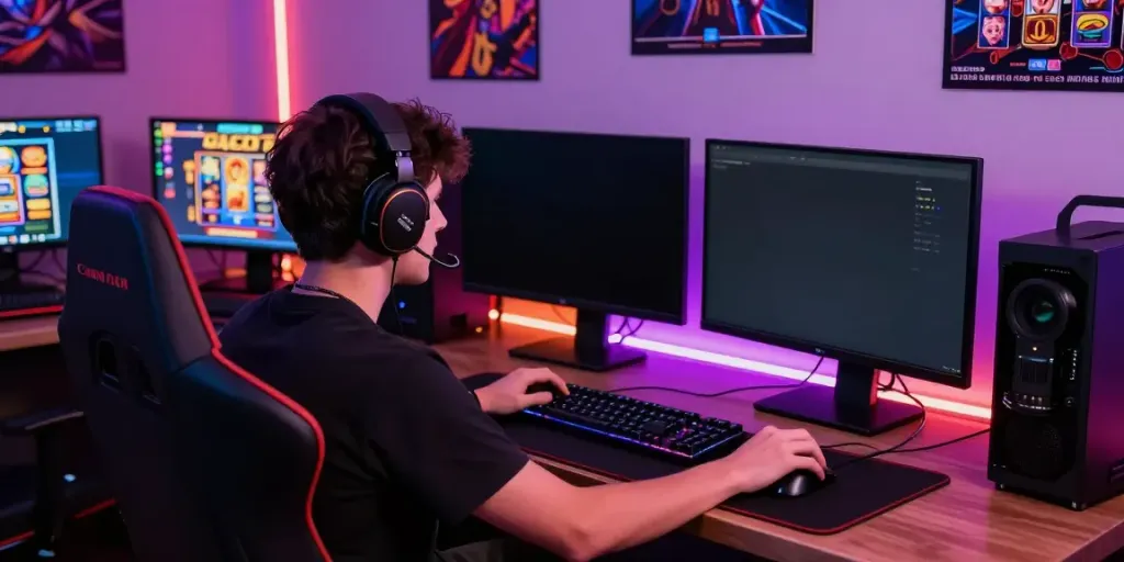 Player enjoying slot gacor gaming with vibrant LED lights and modern setup