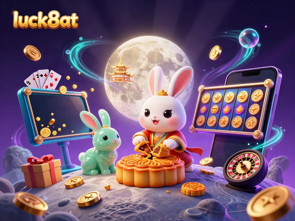 Experience the vibrant world of luck8at with colorful slot games, poker chips, and a magical lunar backdrop.