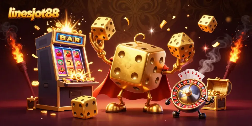 Experience thrilling wins with lineslot88's vibrant 3D casino scene featuring playful characters and jackpot excitement.