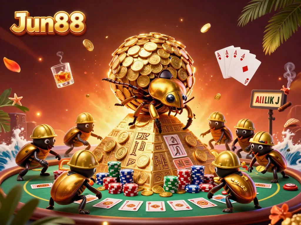 Jun88 showcases a golden dung beetle and casino elements in a vibrant 3D illustration.