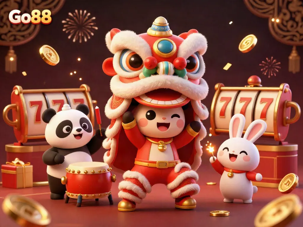 Experience the dynamic casino action of Go88 with engaging characters and festive decorations.