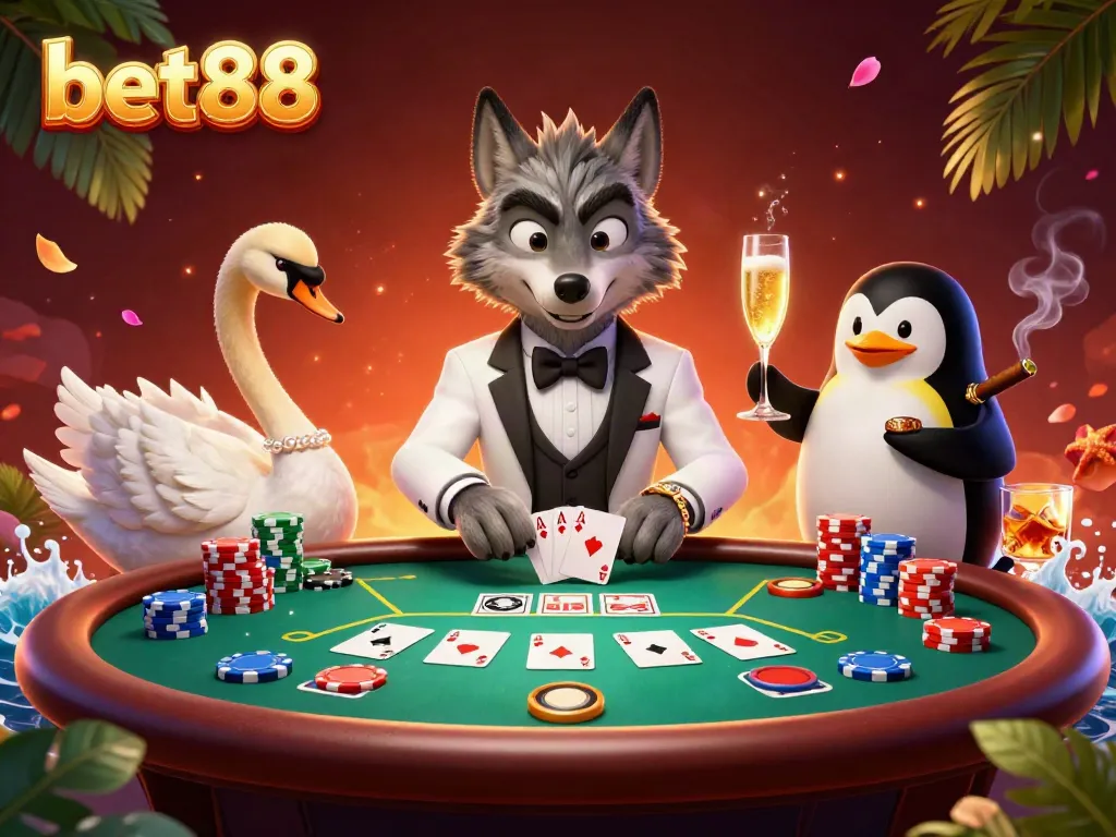 Experience the vibrant atmosphere at bet88 with a debonair wolf, elegant swan, and champagne-pouring penguin in a spirited casino setting.