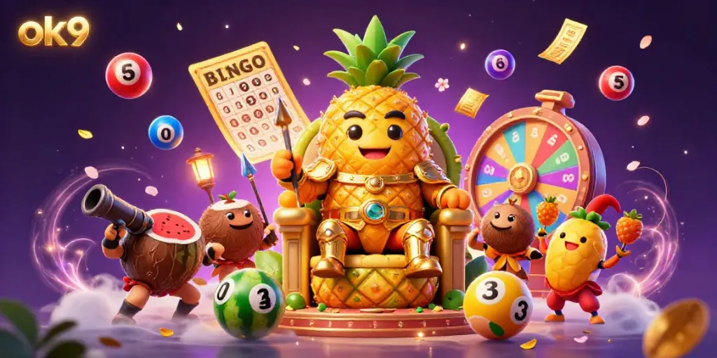 Enjoy the excitement of ok9 at a vibrant beach casino with a golden pineapple king and lively lottery elements.