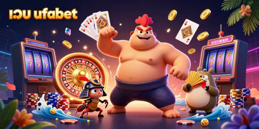 Engage with เว็บ ufabet and witness a 3D sumo rooster in action, surrounded by dazzling casino elements.