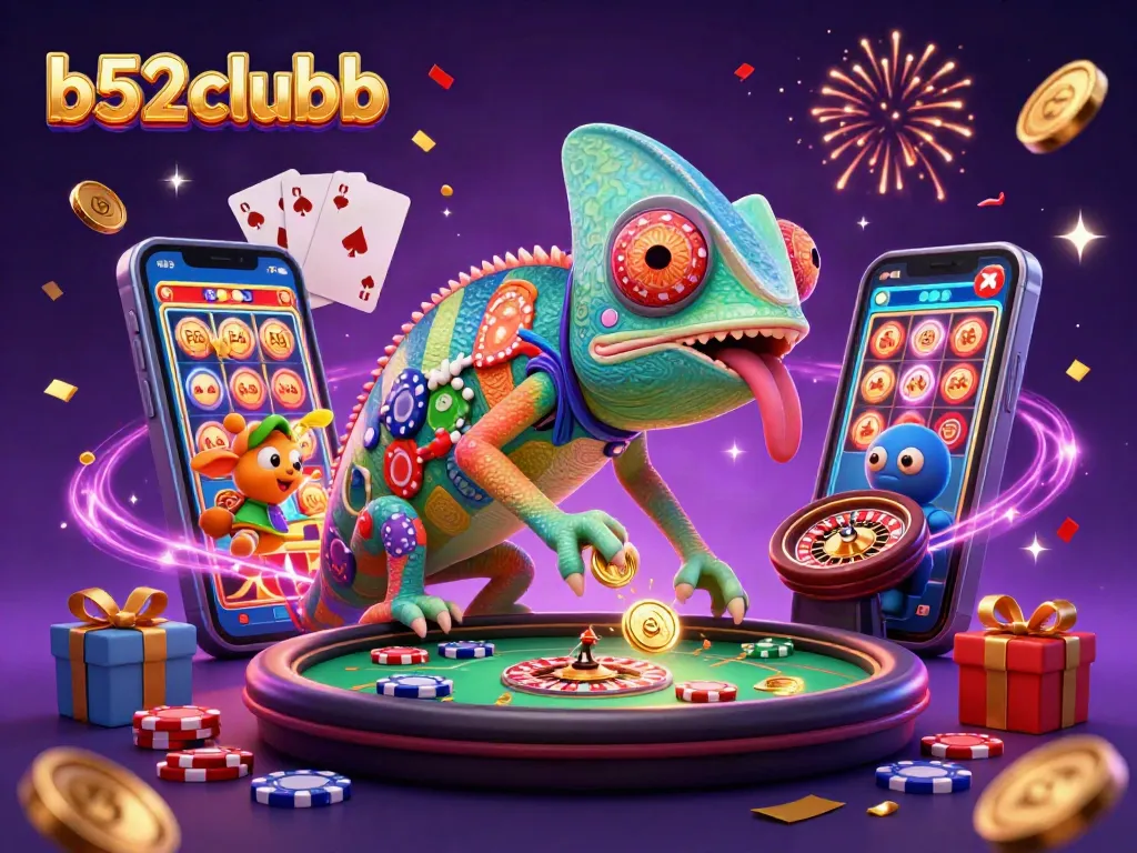 Engaging scene featuring b52clubb casino owner chameleon amidst vibrant gaming elements, showcasing exciting action and colors