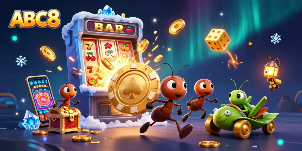 Engage with the ABC8 heist scene featuring animated ants, a slot machine explosion, and vibrant casino elements.