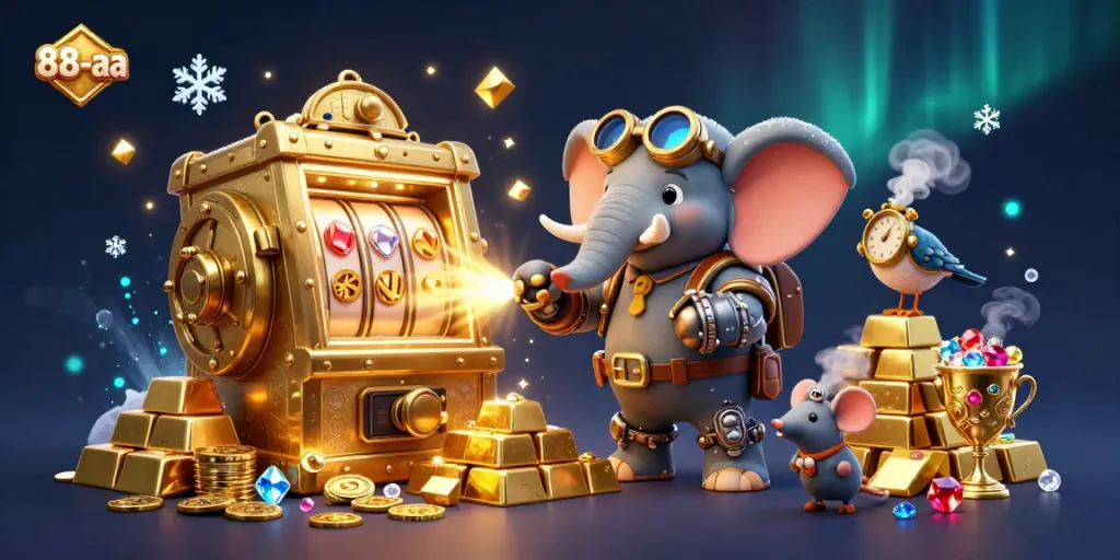 Experience the thrill of 88-aa gaming with a steampunk elephant operating a vibrant slot machine, surrounded by treasures.