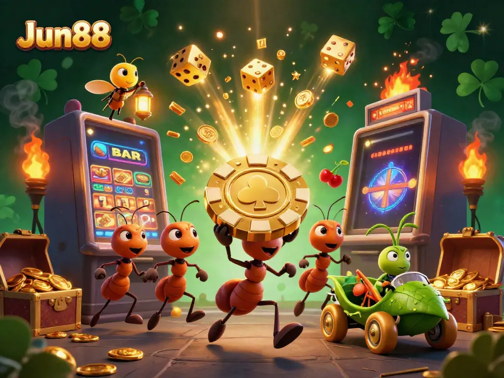 Jun88 features a dazzling heist scene with playful ants carrying a huge poker chip amid a casino explosion.