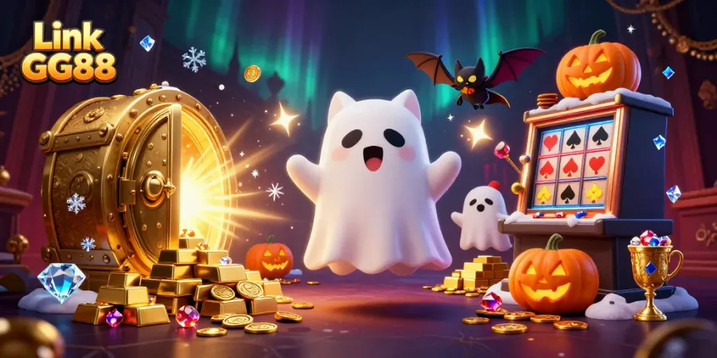 Engage in thrilling play at Link GG88 with a whimsical illustration of a ghost cat and vampire bat amidst gold treasures.