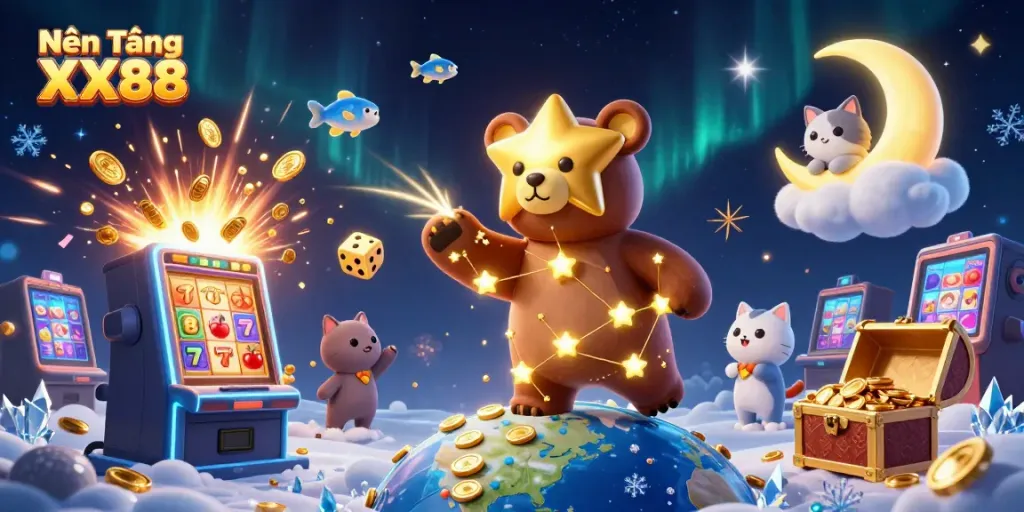 Experience the excitement of Nền Tảng XX88 with a magical casino scene uniting stars and jackpots.
