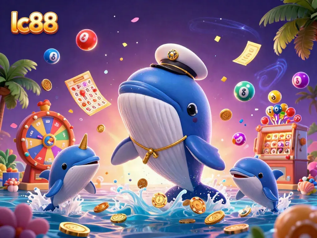 Engage in excitement with lc88 as a cartoon whale and friends celebrate winning in a casino-themed underwater scene.