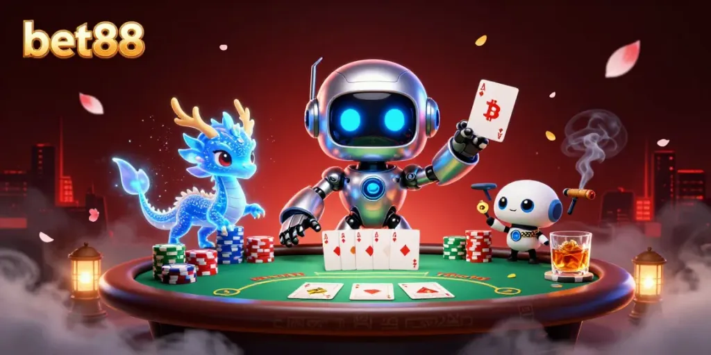 Play poker at bet88 with vibrant 3D characters, chips, and a neon atmosphere.
