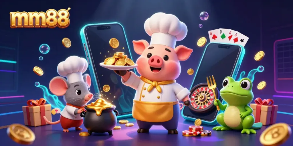 Chef pig serves gold coins in an entertaining scene showcasing mm88 online casino excitement with spinning slot games.