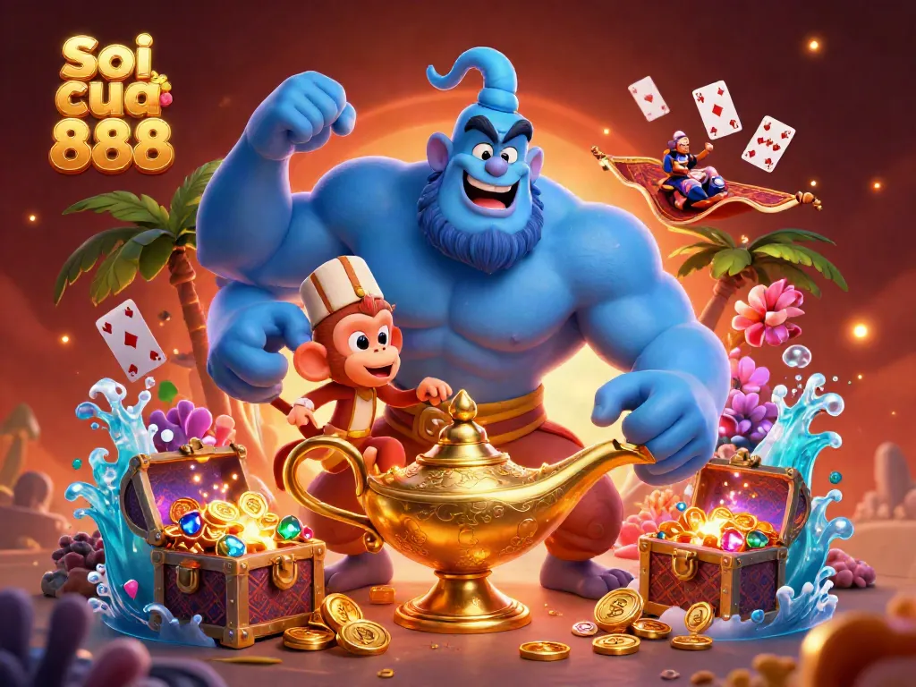 Soi cầu 888 showcases a magical scene with a powerful genie and treasure in a vibrant casino environment.