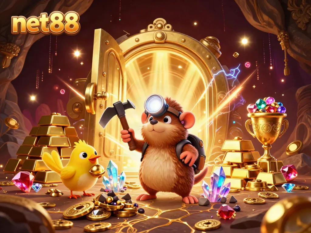Engage with net88's exciting casino scene showcasing a treasure hunter mole amidst gold and gems.