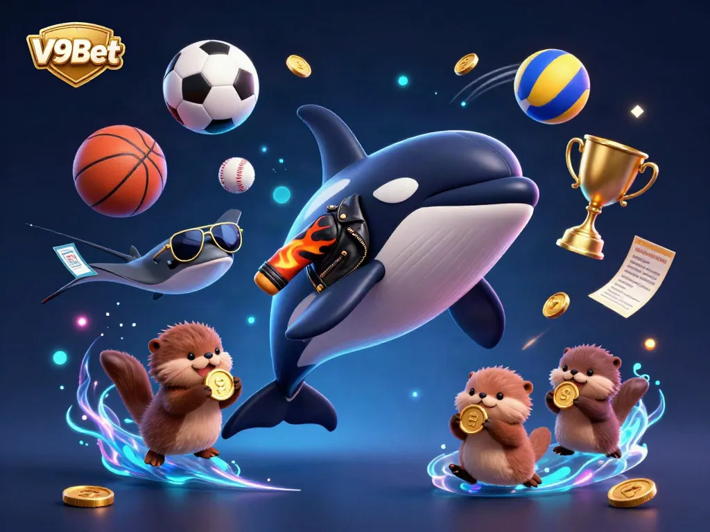 Experience exciting gaming with V9Bet as sea creatures celebrate victories with coins and sports balls.