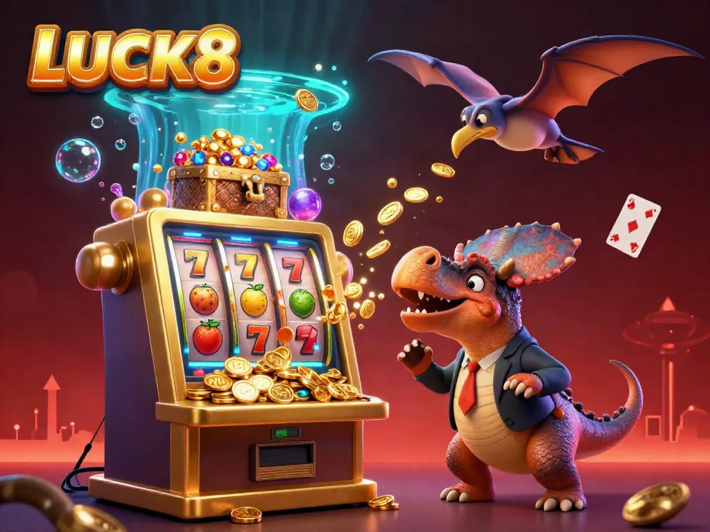 LUCK8 gamers watch a pachycephalosaurus hit a slot machine for a jackpot in a vibrant casino.