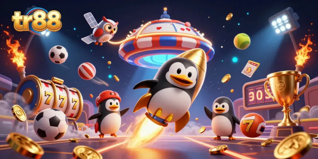 Bet on tr88 with engaging casino-themed rocket-powered penguin and dynamic elements in a vibrant scene.