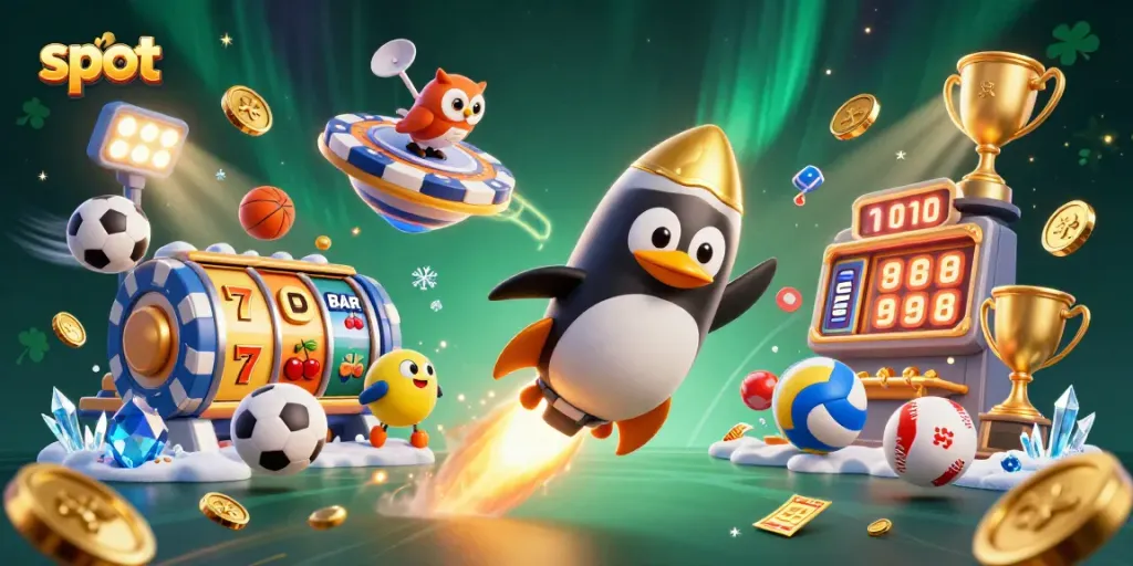 Spin winning slot games with a golden penguin and dynamic casino elements in vibrant space.