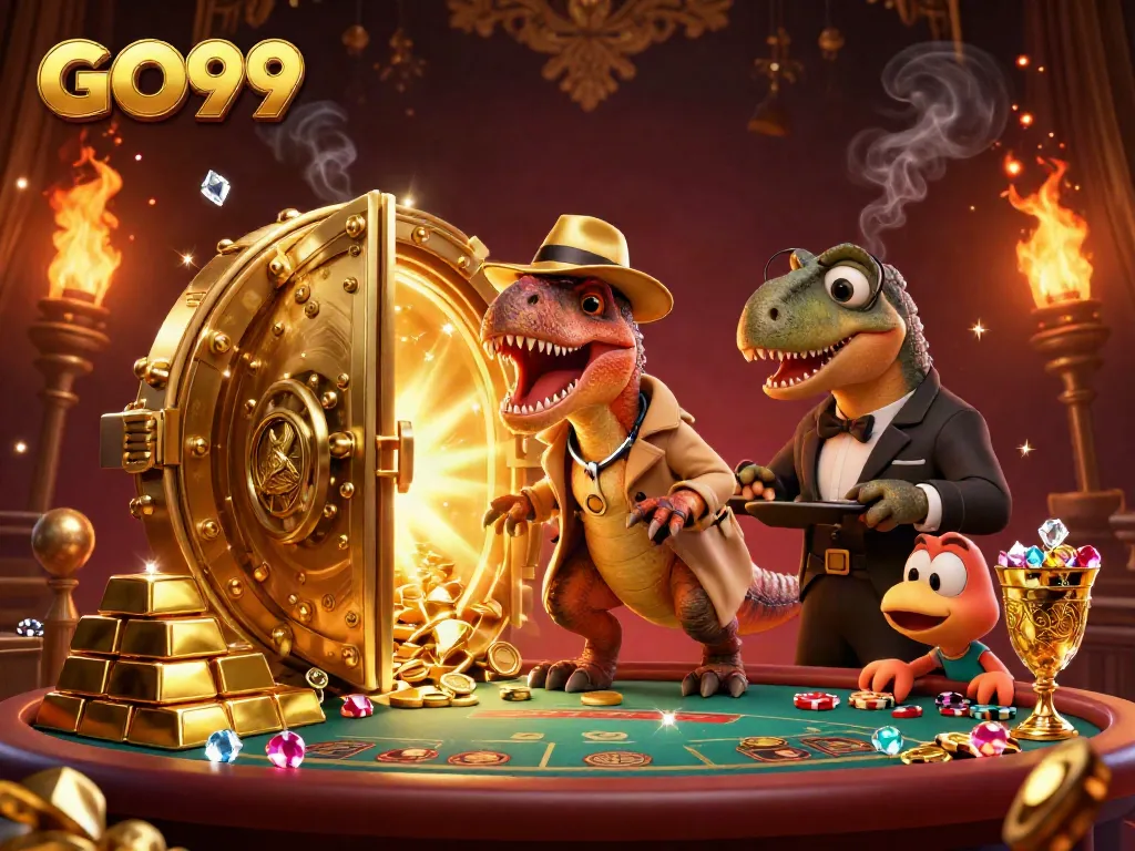 Win at GO99 with a playful scene featuring a velociraptor card counter, dazzling treasures, and casino action.