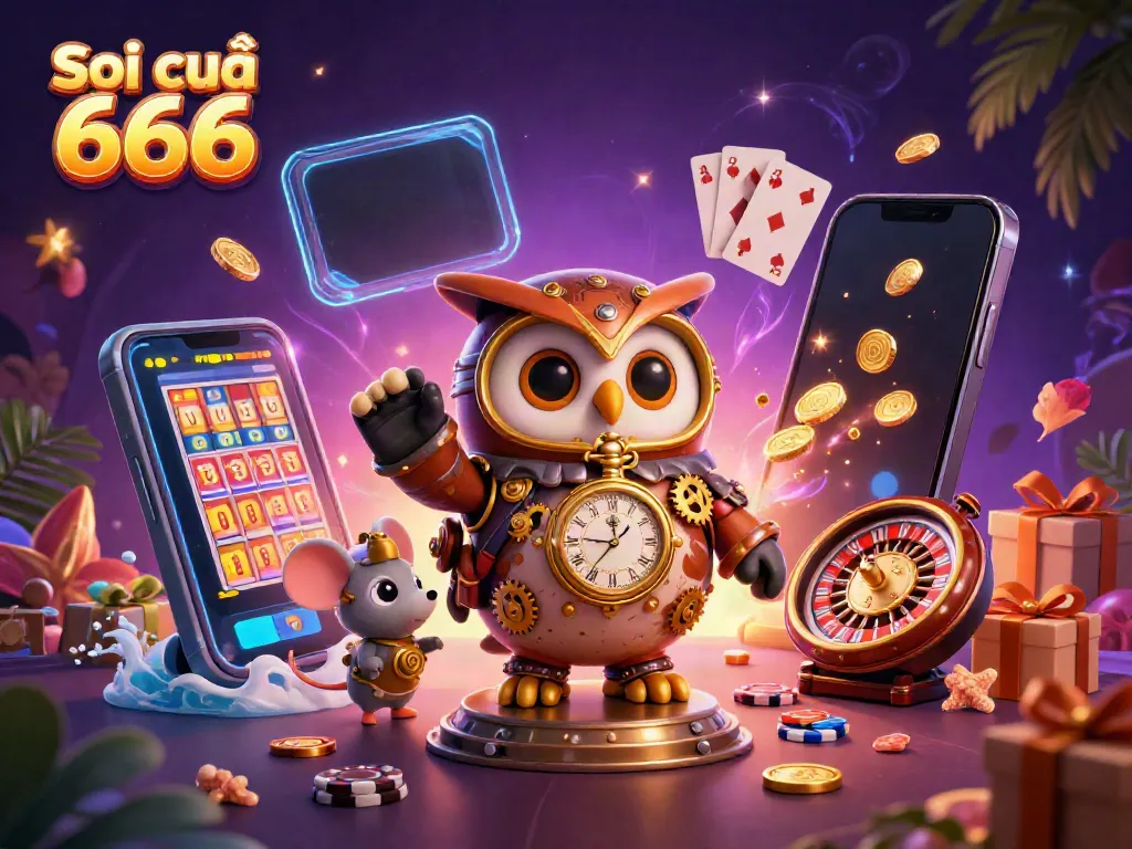 Soi cầu 666 illustrated scene featuring a time-traveling owl amidst vibrant casino elements and golden coins for online lottery.