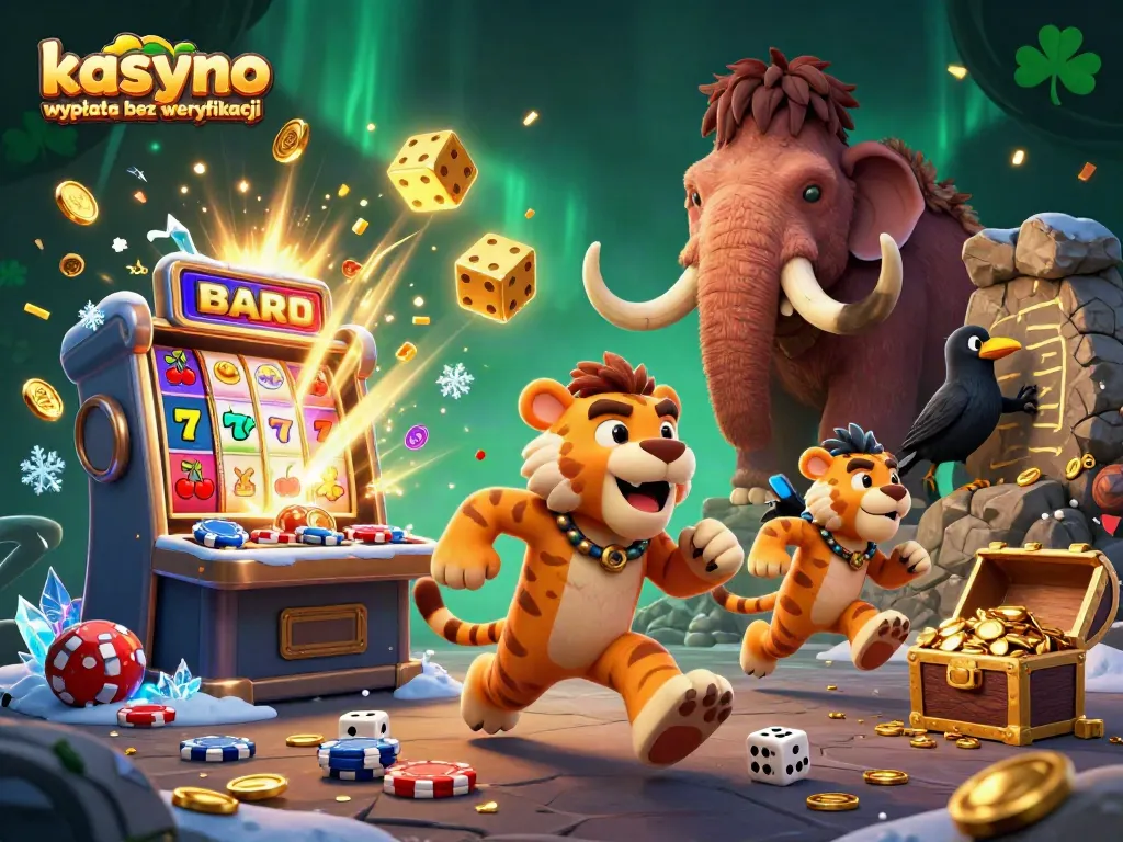 Spin to win at kasyno wypłata bez weryfikacji with our engaging 3D cartoon scene of a prehistoric casino adventure.