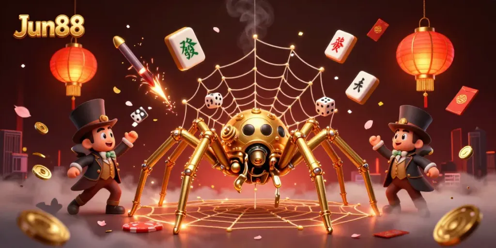 Jun88 captures the thrill of winning with a vibrant casino scene featuring a golden spider and immersive elements.