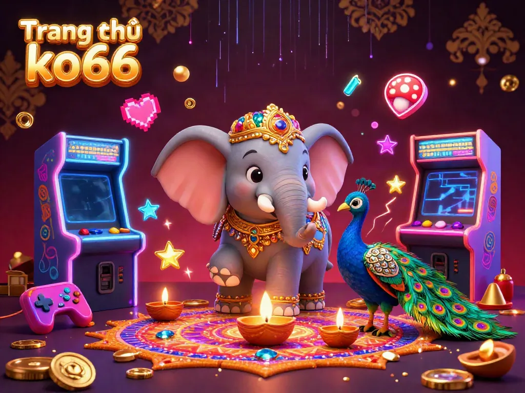 Engage with gameplay at Trang chủ ko66, featuring a vibrant 3D illustration packed with colorful gaming elements and dynamic casino themes.