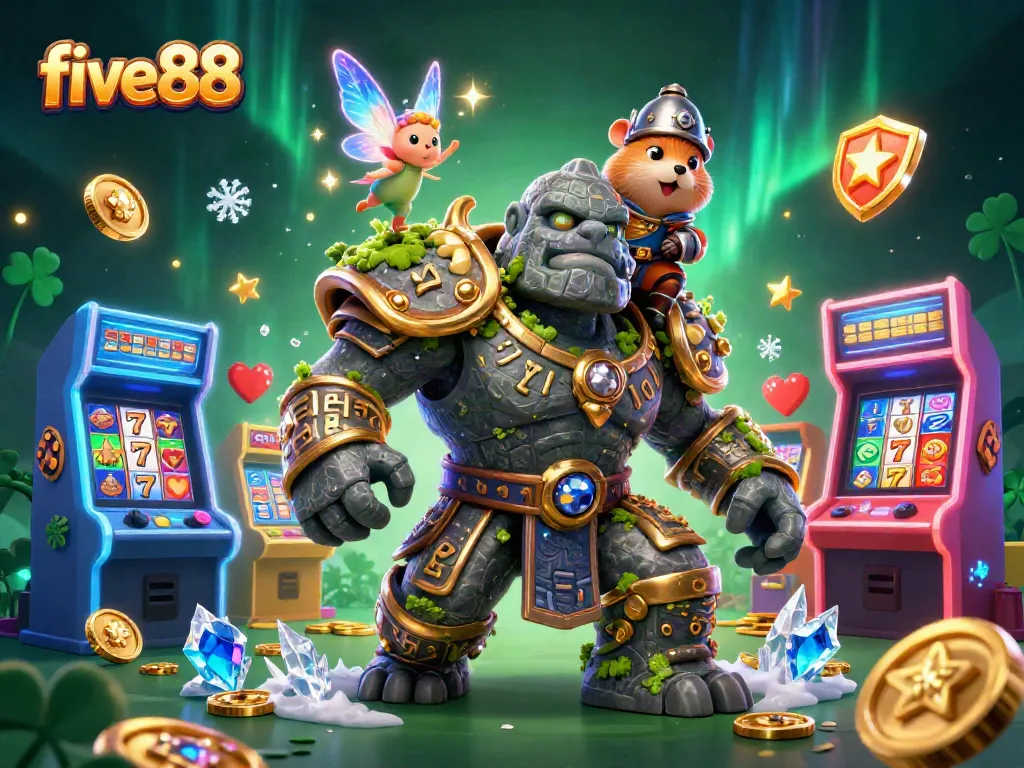 Experience the thrill of five88 casino with a magical golem, fairy, and hamster knight surrounded by vibrant slot game elements.