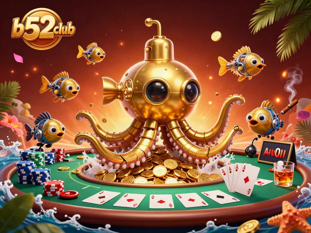Engage with the exciting world of b52club, where a golden kraken and mechanical fish enhance the casino experience.