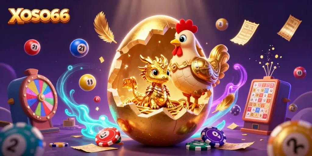 Experience the thrilling world of XOSO66, where a golden dragon guards a treasure of poker chips amidst a vibrant casino chaos.