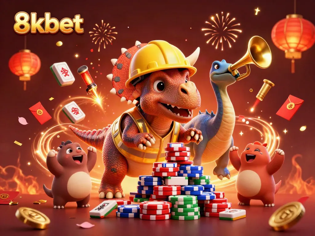 Engage with 8kbet's vibrant casino world featuring a triceratops building poker chip towers in celebration.