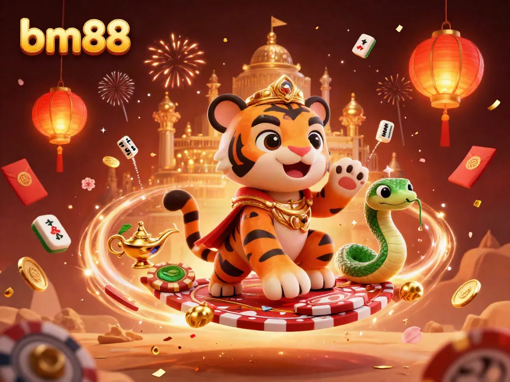 Experience the magic of bm88 with a vibrant celebration scene featuring a sultan and genie in a dazzling casino backdrop.