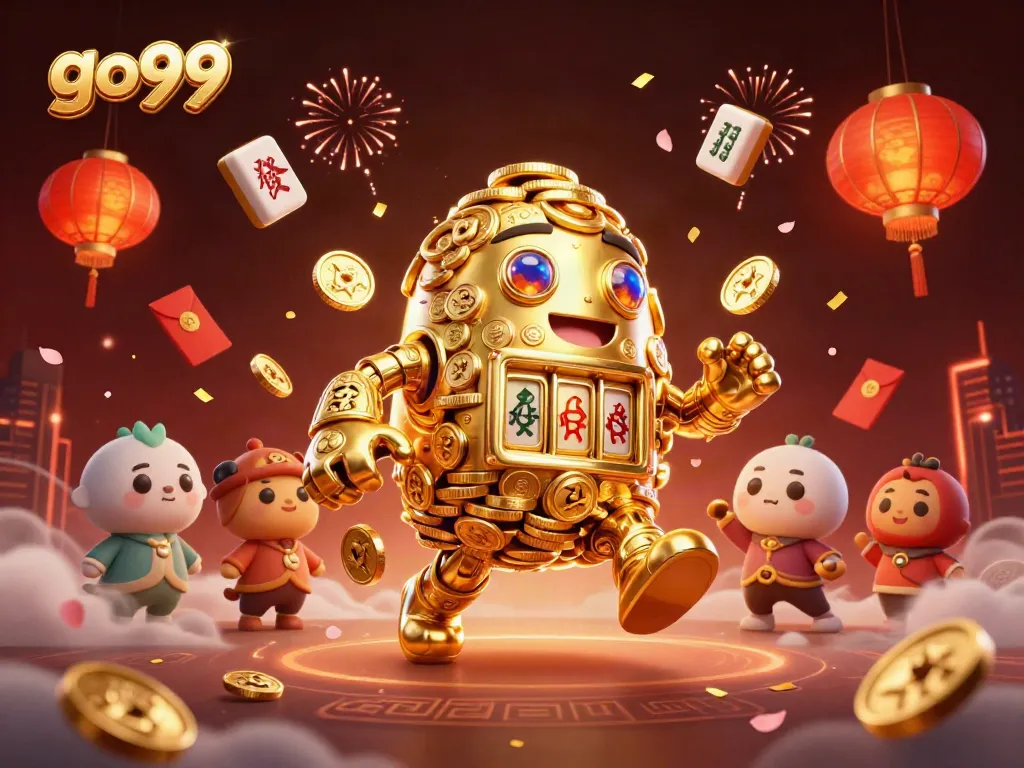 Experience thrilling gameplay at go99 with a vibrant 3D illustration of a golden golem amidst casino elements.