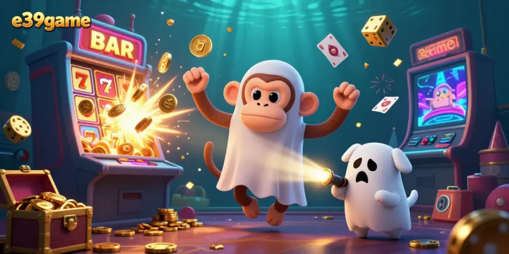 Engage with the vibrant e39game scene featuring a poltergeist monkey juggling casino elements amidst jackpot excitement.