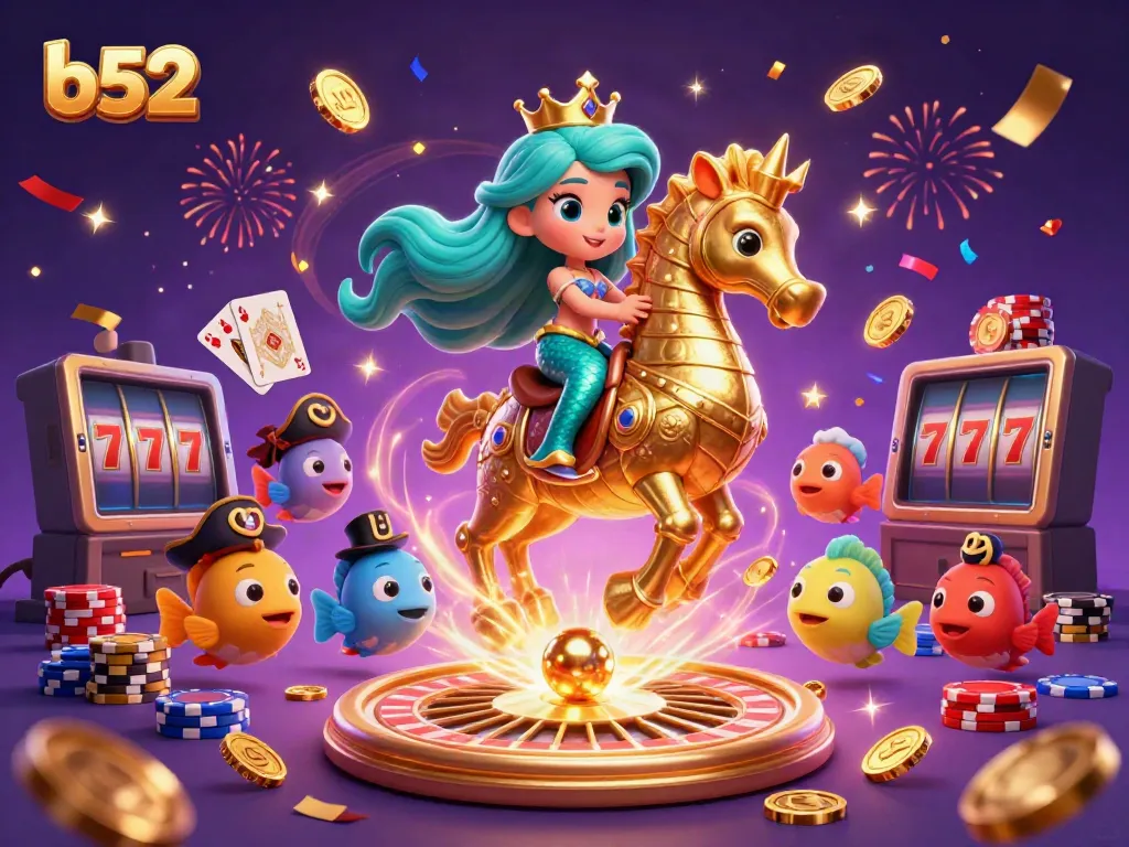 Engaging b52 casino scene featuring a mermaid princess, gold coins, and lively game elements.