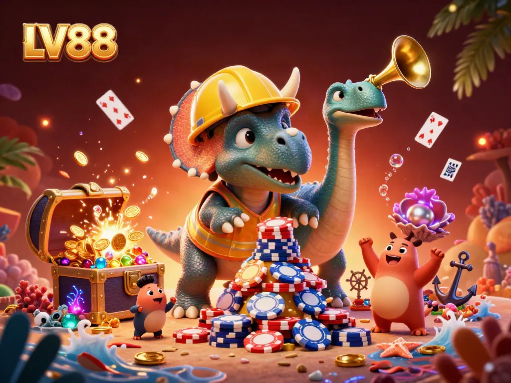 Play exciting casino games at LV88 with dynamic visuals and engaging characters in a vibrant scene.