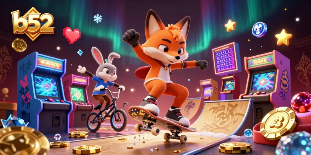 Experience thrilling b52 casino fun with a skateboarder fox and BMX rabbit in a vibrant arcade scene.
