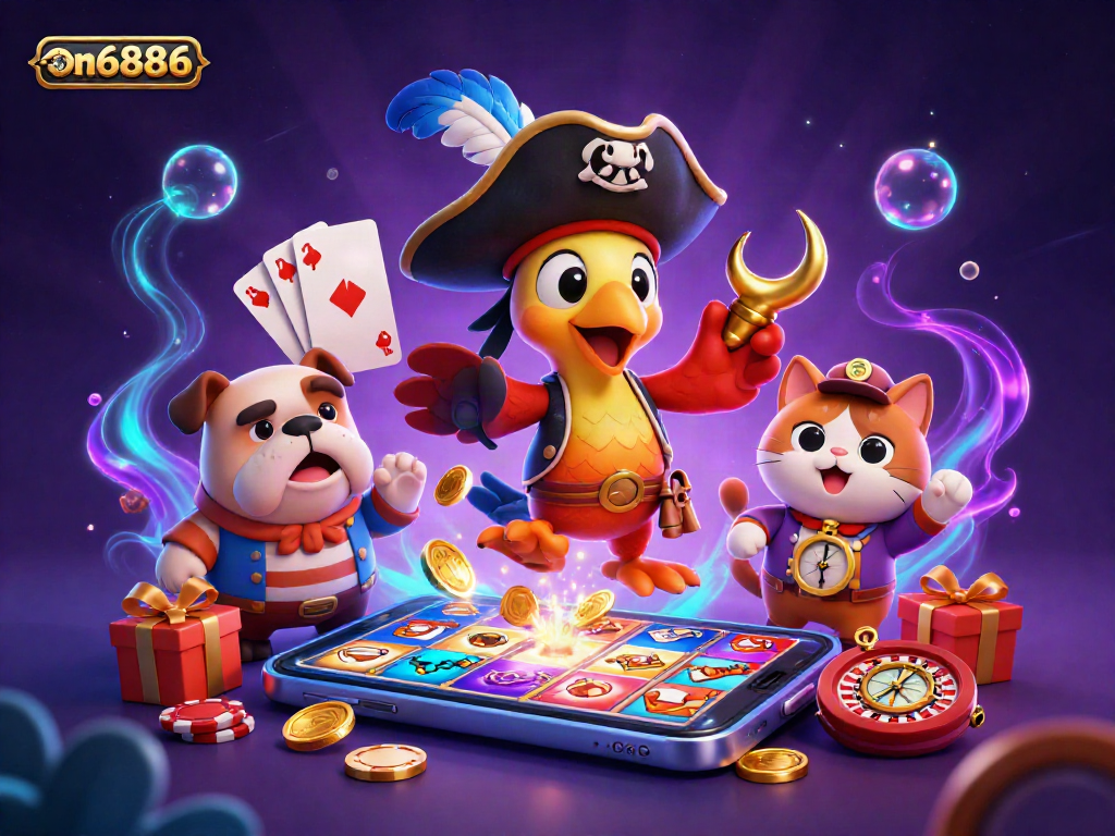 Engage with on6886's colorful slot game featuring a pirate captain, bulldog, and cat in a vibrant casino scene.