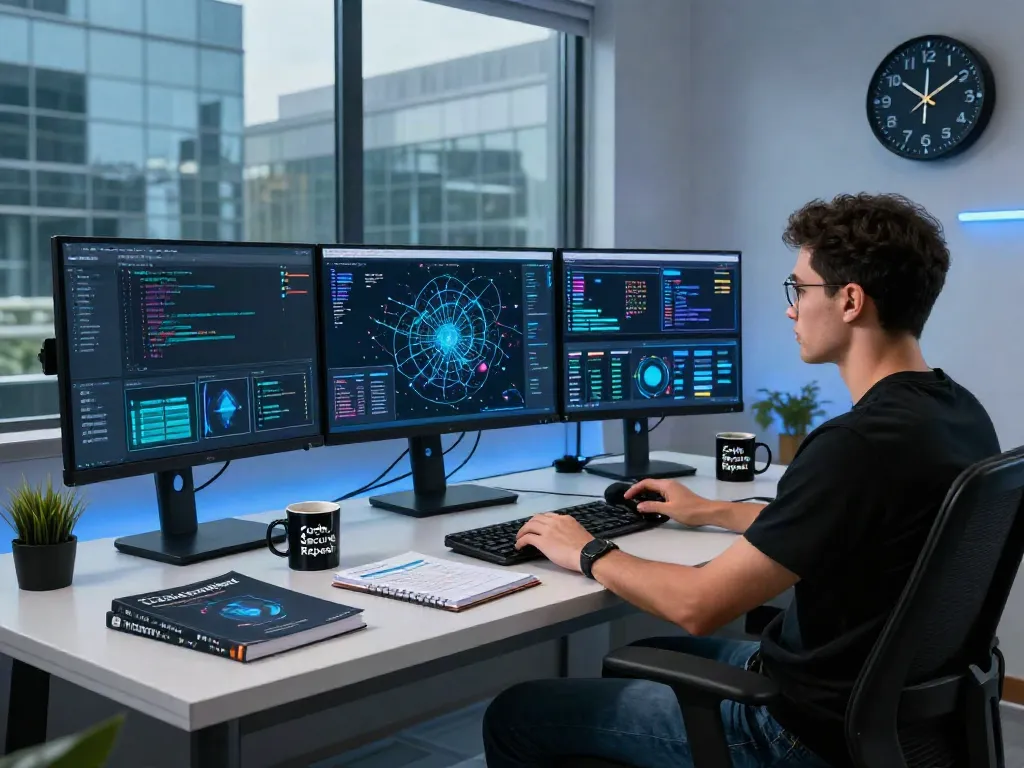 Analyzing pecah404 in a cybersecurity workspace with multiple screens and data streams.