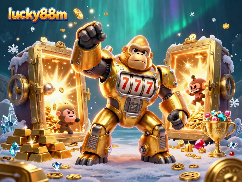 Experience thrilling gameplay with lucky88m's golden gorilla mech surrounded by treasures and excitement!