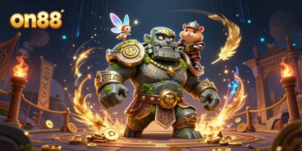 Engage in thrilling gameplay with on88 featuring a golem guardian and fairy magic in a vibrant art scene.