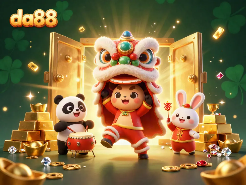 Join the festive da88 celebration with a vibrant lion dance, gold treasures, and lucky charms.