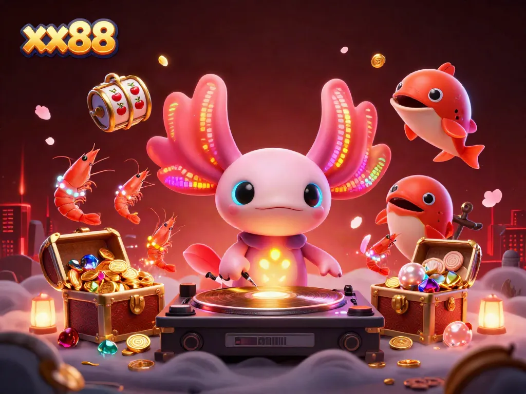 Win big with xx88's dynamic casino scene featuring a neon DJ and vibrant game elements.