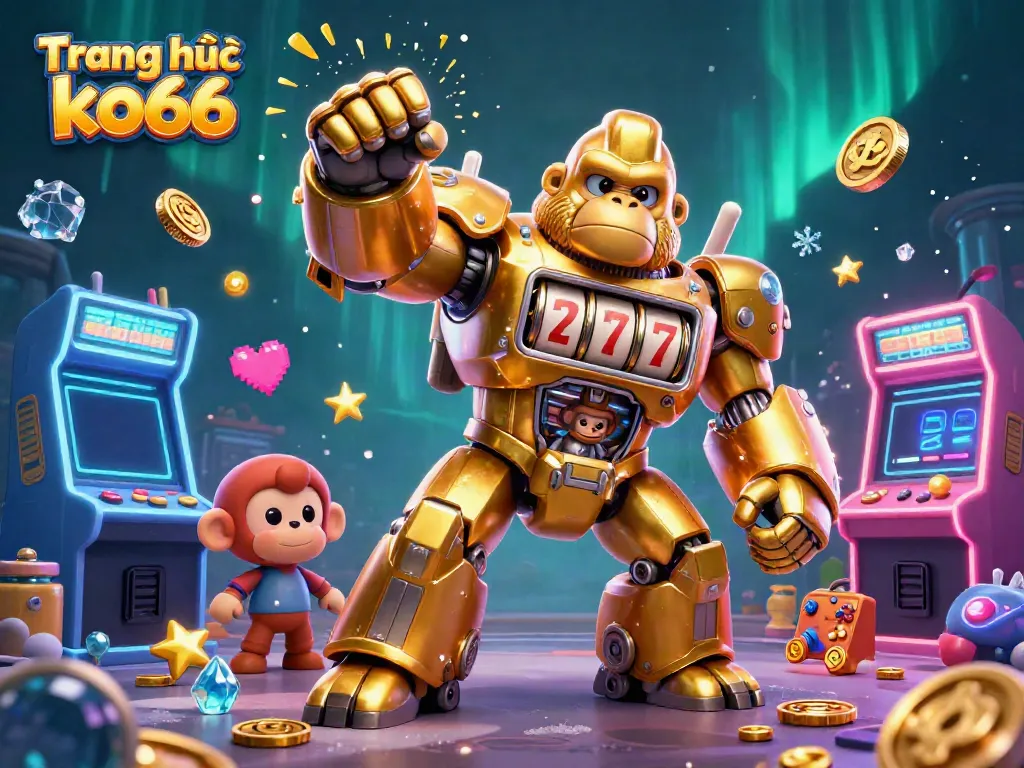 Experience the excitement of Trang chủ ko66 with a dynamic 3D illustration of a golden gorilla mech surrounded by gaming elements.